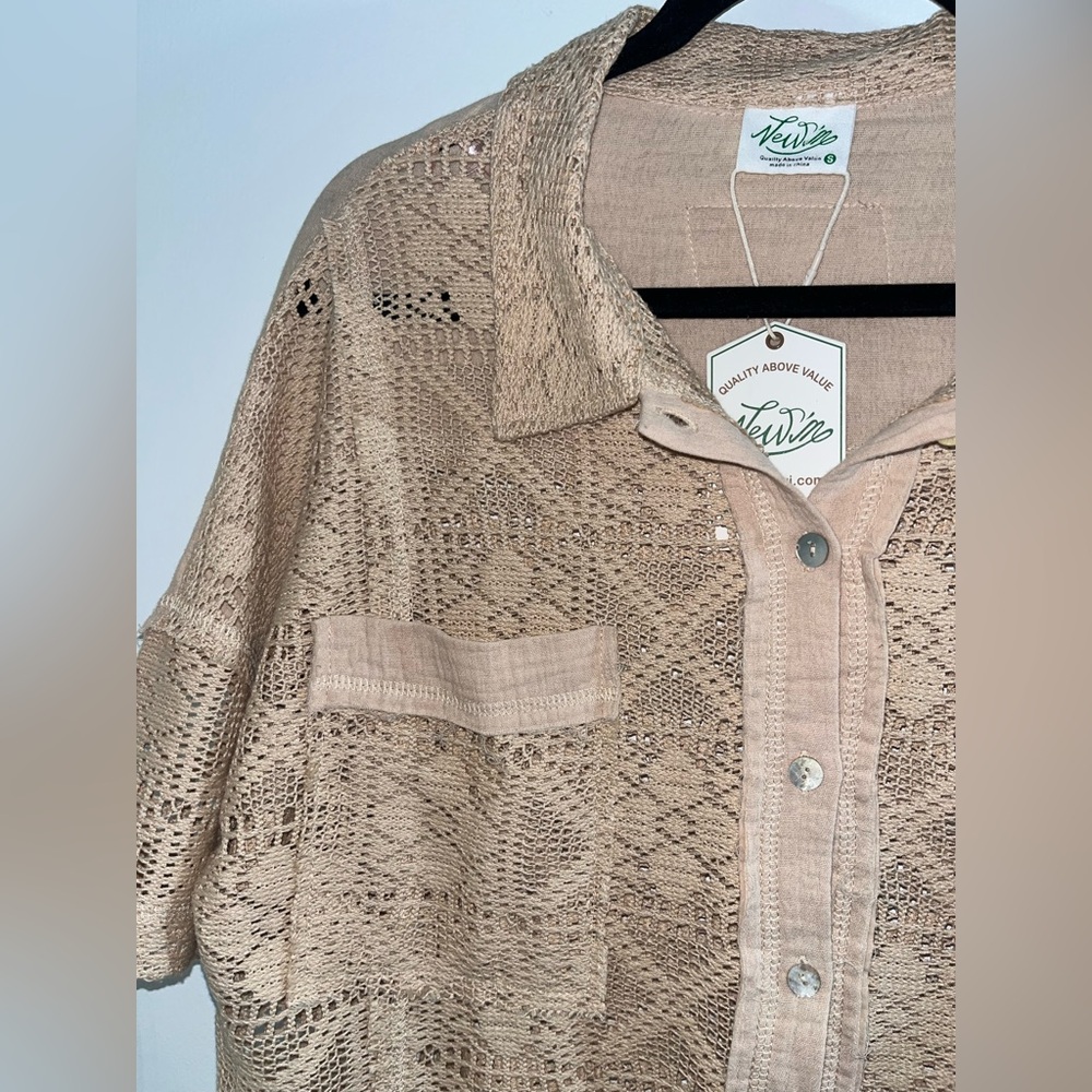 Desert Sand Open Crochet Button Up Short Sleeve Top - Picture 7 of 10